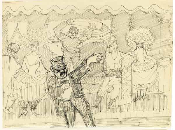 Paul Holz, Seltsame Menschen (Ausschnitt), Feder, Tusche, Tinte auf Pergamentpapier, Kunstforum Ostdeutsche Galerie